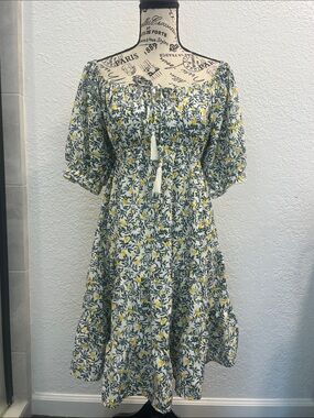 Floral Smocked Dress with Tassel Tie - White, Green & Yellow
